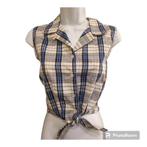 Plaid Button up Crop Tie Top Medium